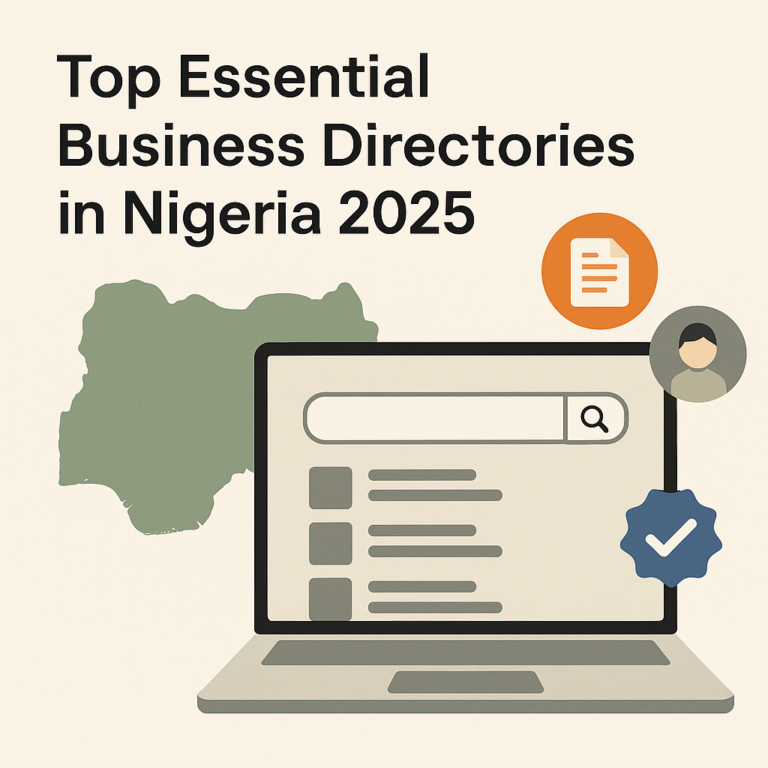 Illustration showing a laptop, a Nigeria map, and business listing icons, representing the top essential business directories in Nigeria for 2025.