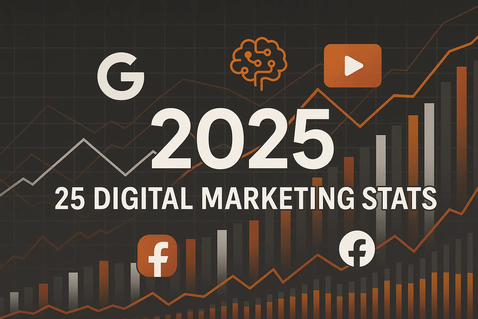 Modern landscape hero image for digital marketing statistics 2025, featuring stylised data graphs, bold “2025” typography, and icons of Google, social media, video, and AI in brand colours black, white, #DB9766, and #BE621F.