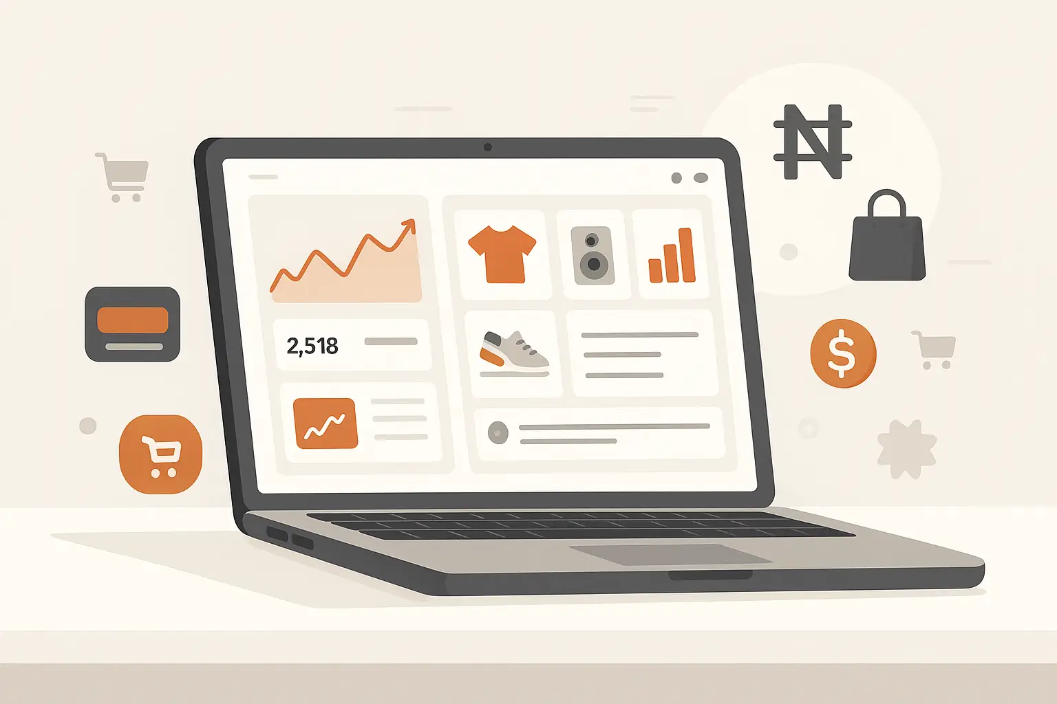 Modern illustration of an ecommerce website dashboard on a laptop screen with charts and product icons representing online store management in Nigeria and the cost of an ecommerce website in Nigeria