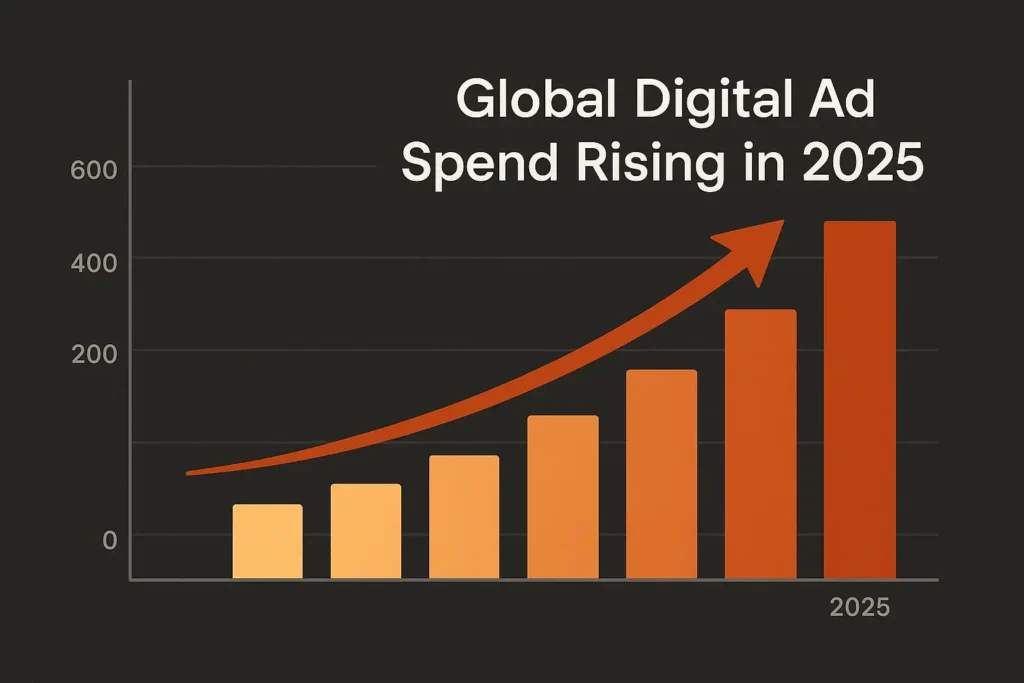 Realistic stylised graph showing the rising trend of global digital ad spend in 2025 with upward bars in orange and brown brand colours on a clean landscape layout, used for a digital marketing statistics blog post.