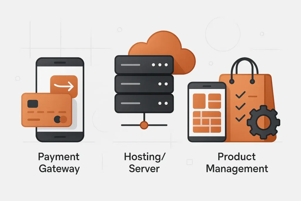 Illustration showing four cost factors for ecommerce websites in Nigeria including payment gateway icon, hosting server icon, mobile responsive design icon, and product management icon in a clean layout