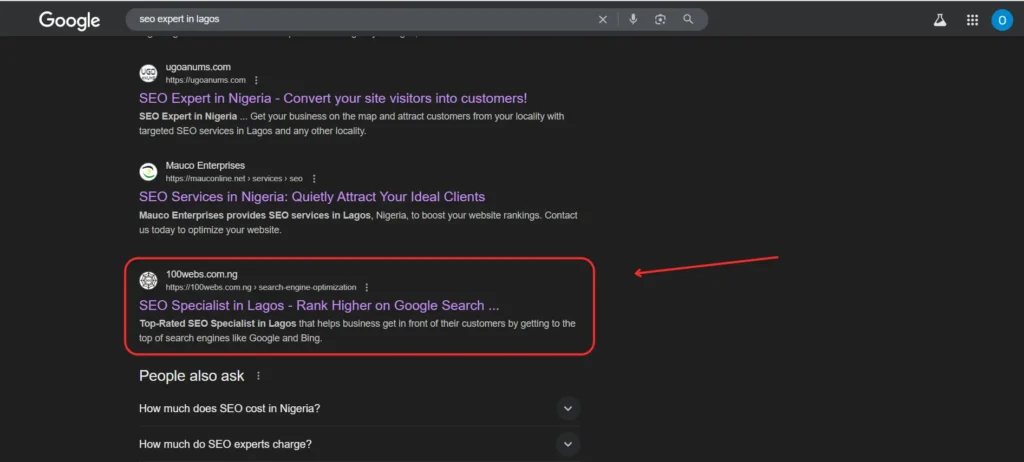 SEO resutts showing position 8 on Google for "SEO expert in Lagos" keyword