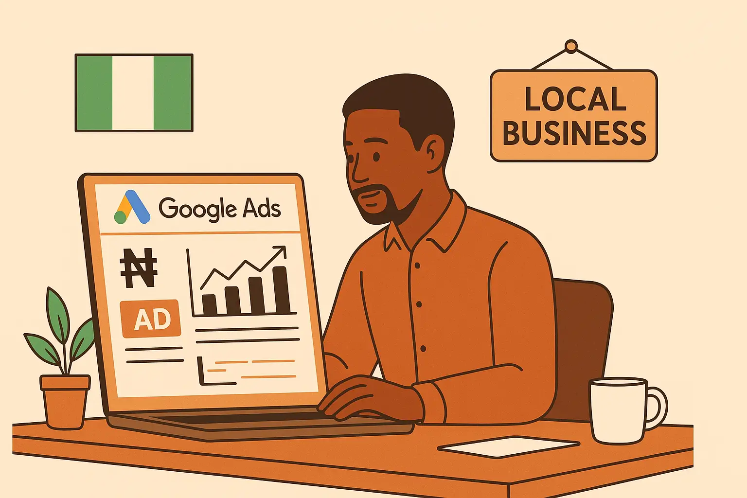 Clean flat-style illustration of a Nigerian business owner sitting at a desk with a laptop, analyzing Google Ads campaign results. The screen shows charts, graphs, ad icons, and Nigerian naira (₦) currency symbols. Background includes a small green-and-white Nigerian flag and subtle local business signage. Designed in professional, friendly tones with brand colors, perfect for a blog post about using Google Ads in Nigeria.