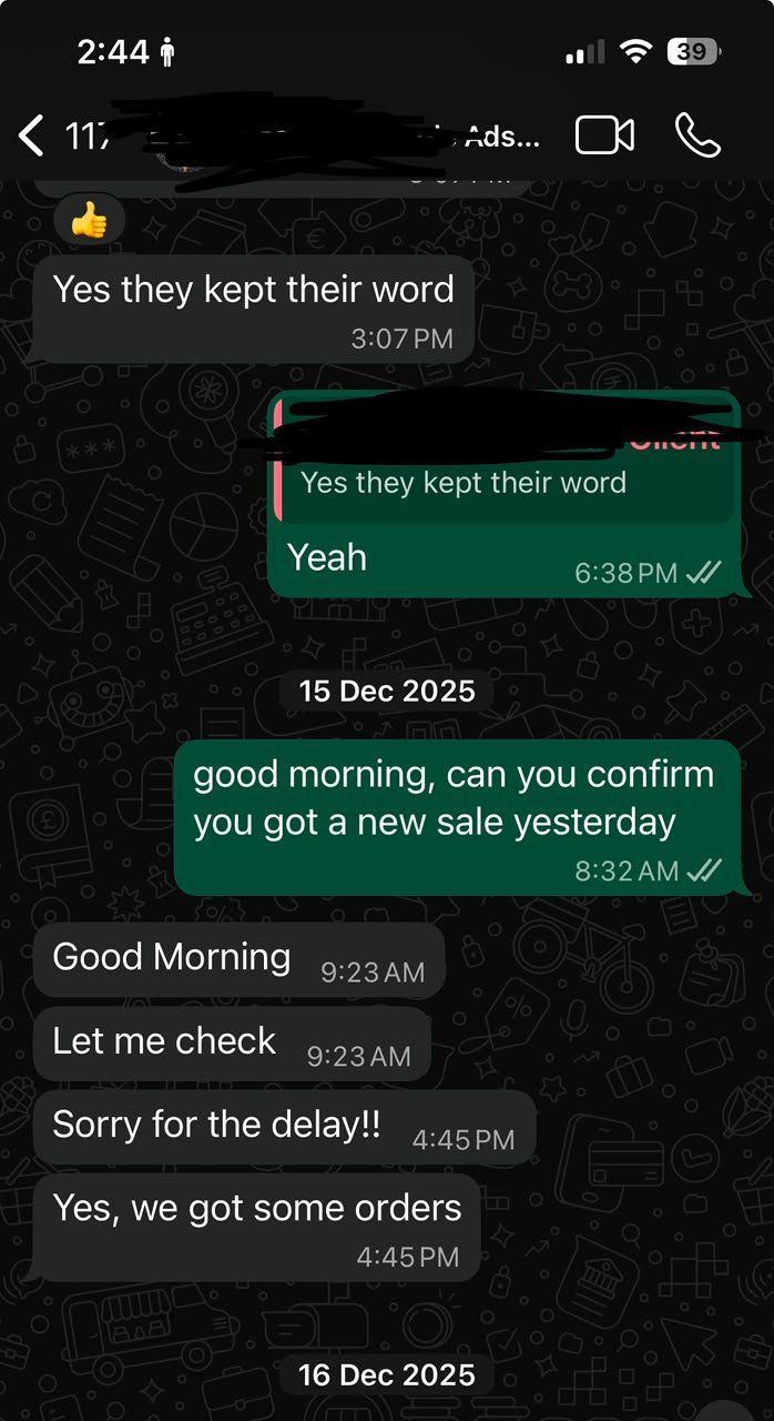 WhatsApp message from a client