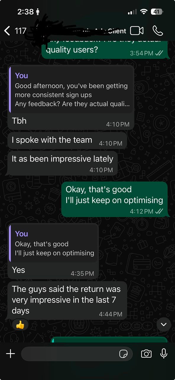 WhatsApp message from a client