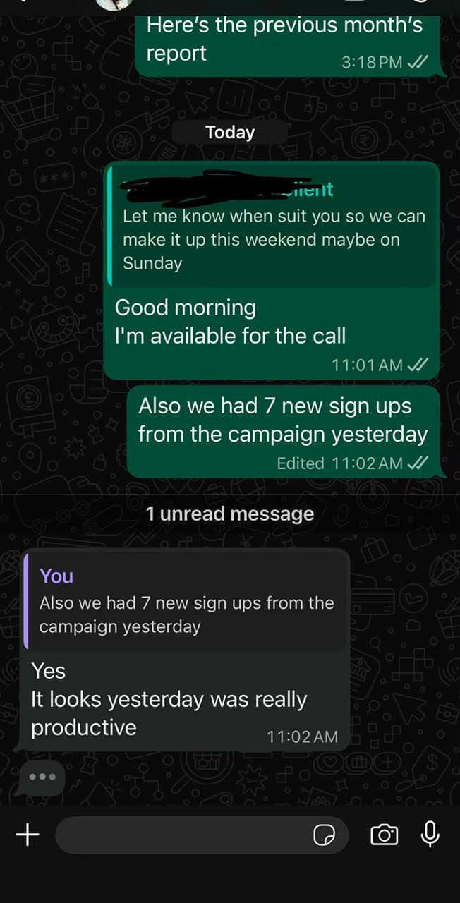 WhatsApp message from a client